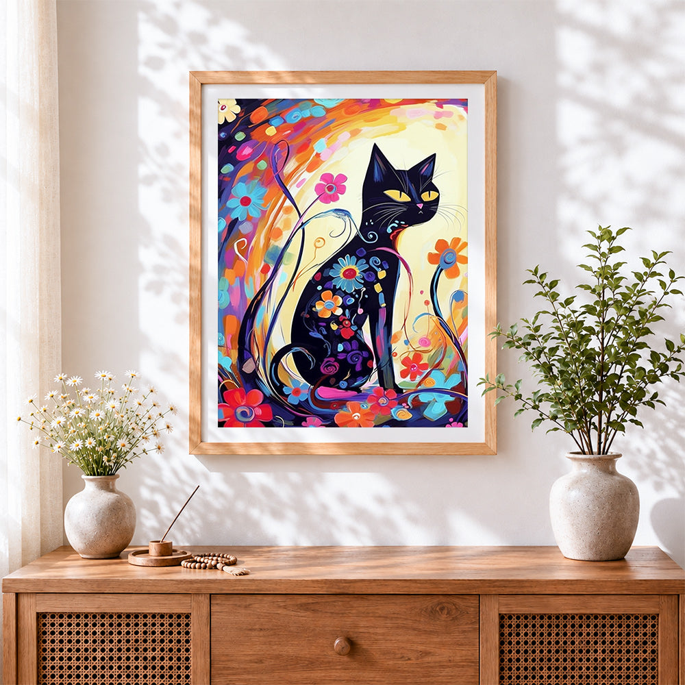 Finished whimsical floral black cat cross stitch artwork displayed