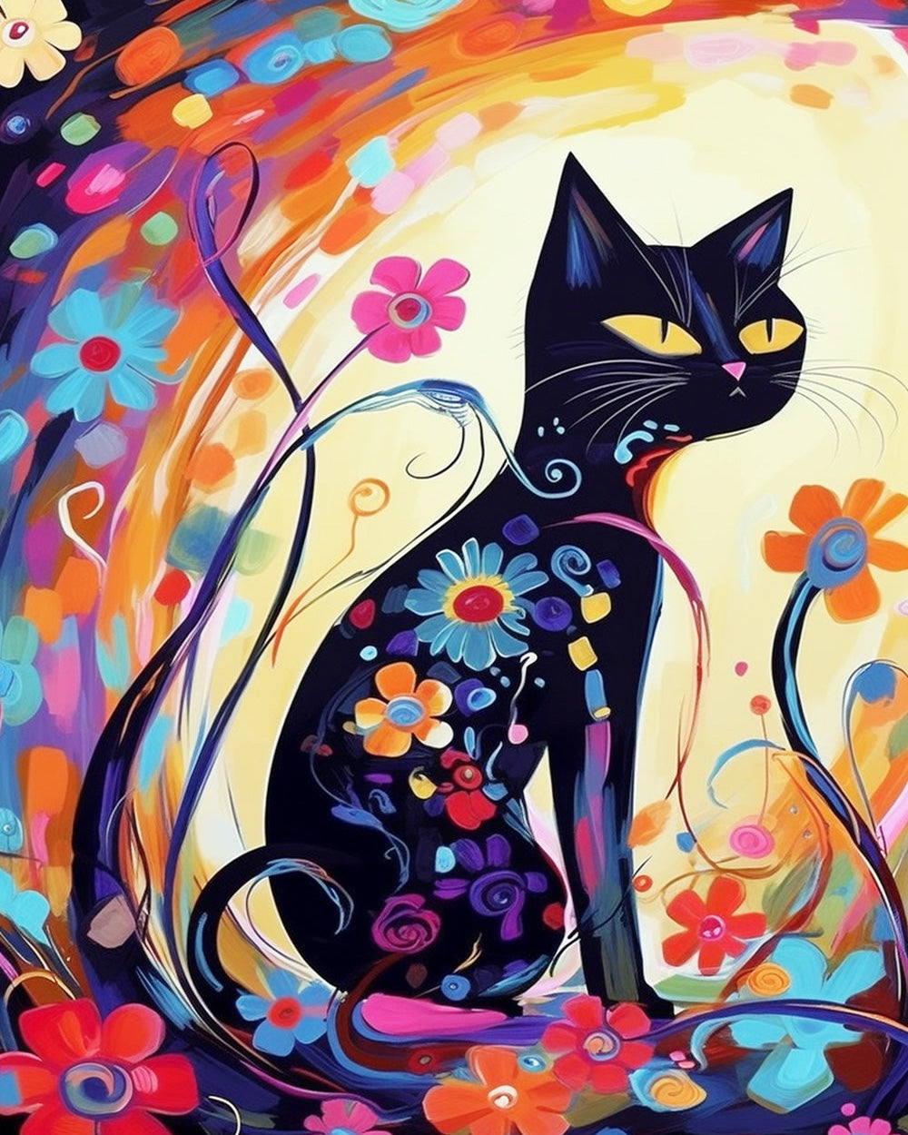 Whimsical floral black cat cross stitch kit for beginners