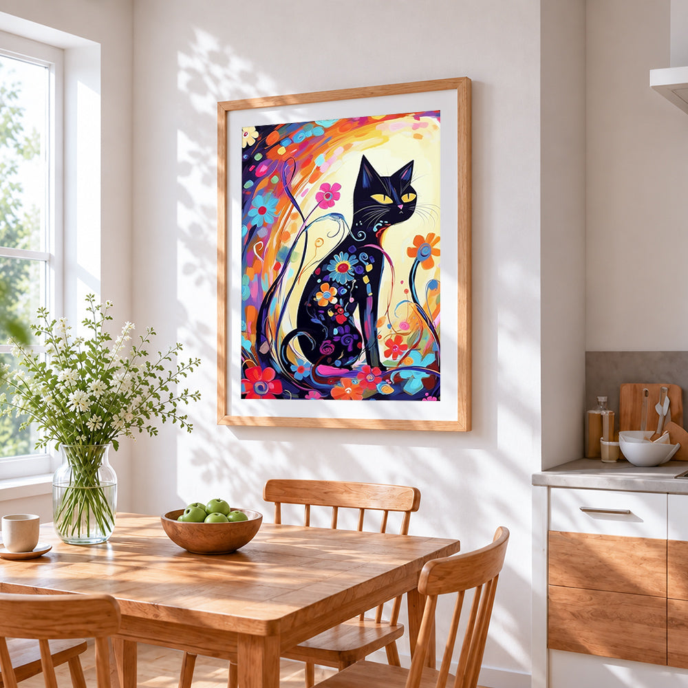 Whimsical floral black cat cross stitch artwork displayed on wall as home decor