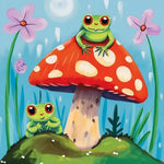Whimsical frogs on a toadstool cross stitch kit for beginners