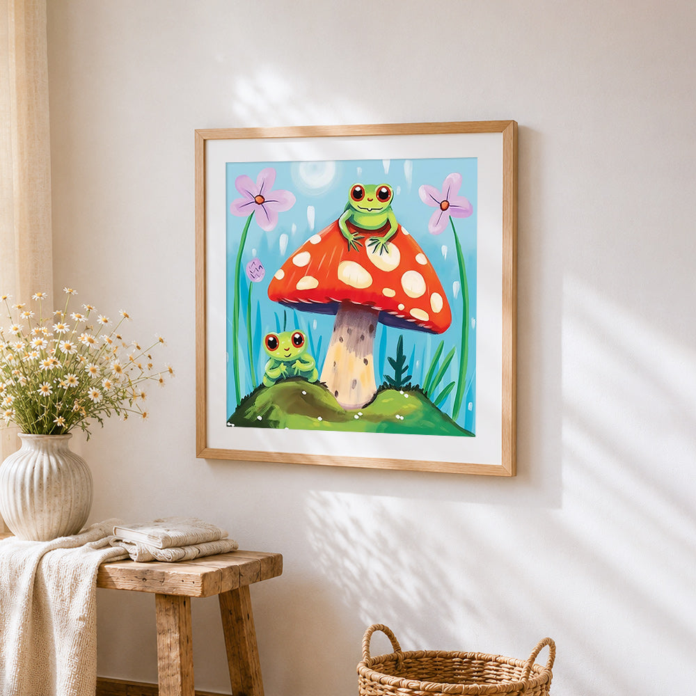 Whimsical frogs on a toadstool cross stitch artwork displayed on wall as home decor