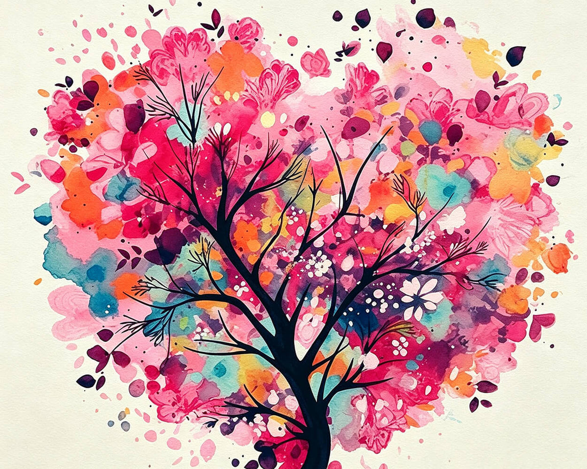 Whimsical heart shaped blossom tree cross stitch kit for beginners