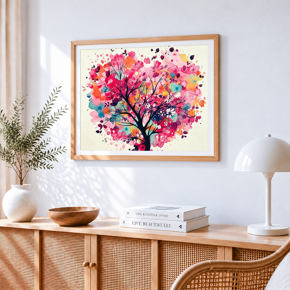 Whimsical heart shaped blossom tree cross stitch artwork displayed on wall as home decor