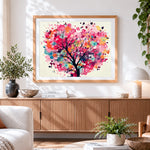 Finished whimsical heart shaped blossom tree paint by numbers artwork displayed as home decor