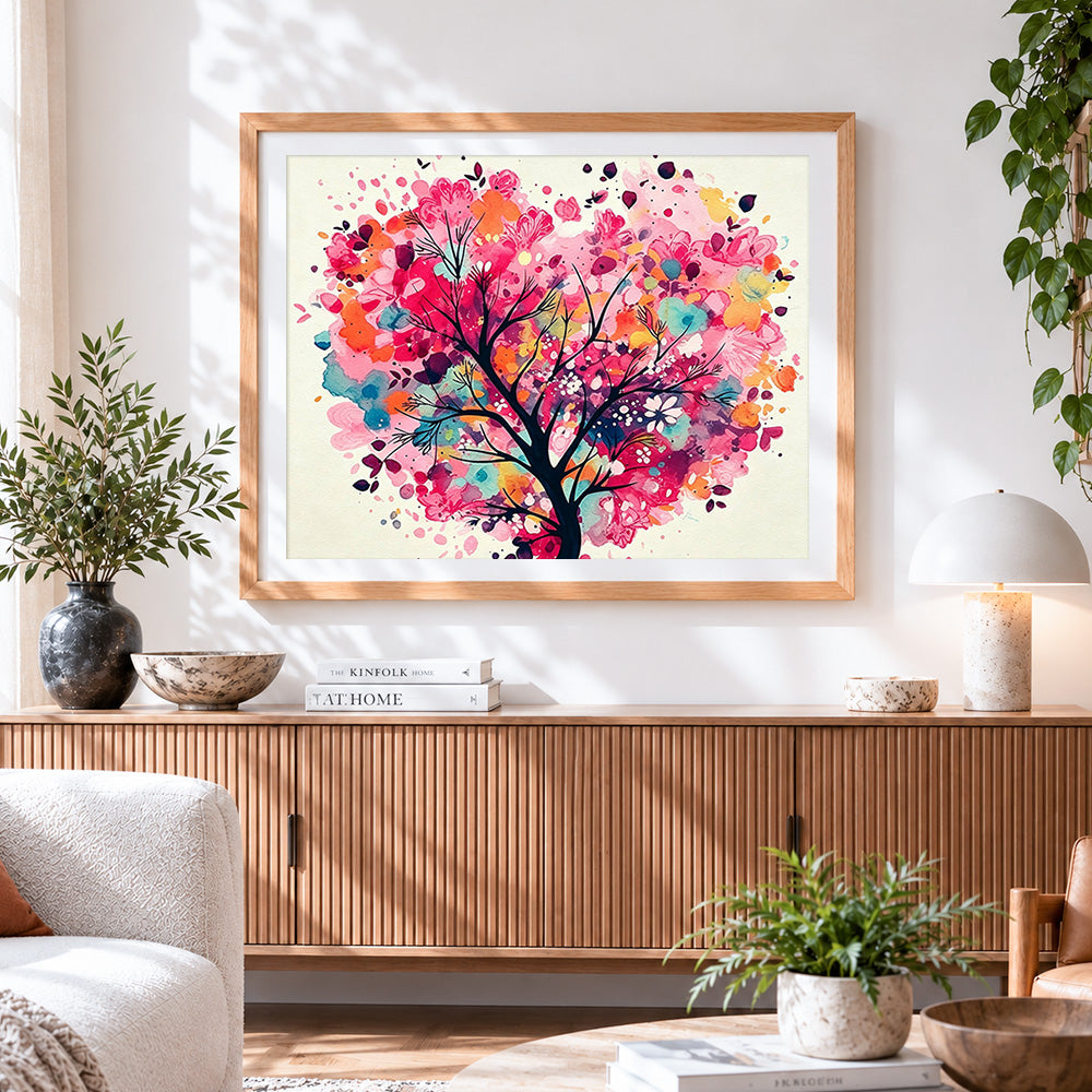 Finished whimsical heart shaped blossom tree paint by numbers artwork displayed as home decor