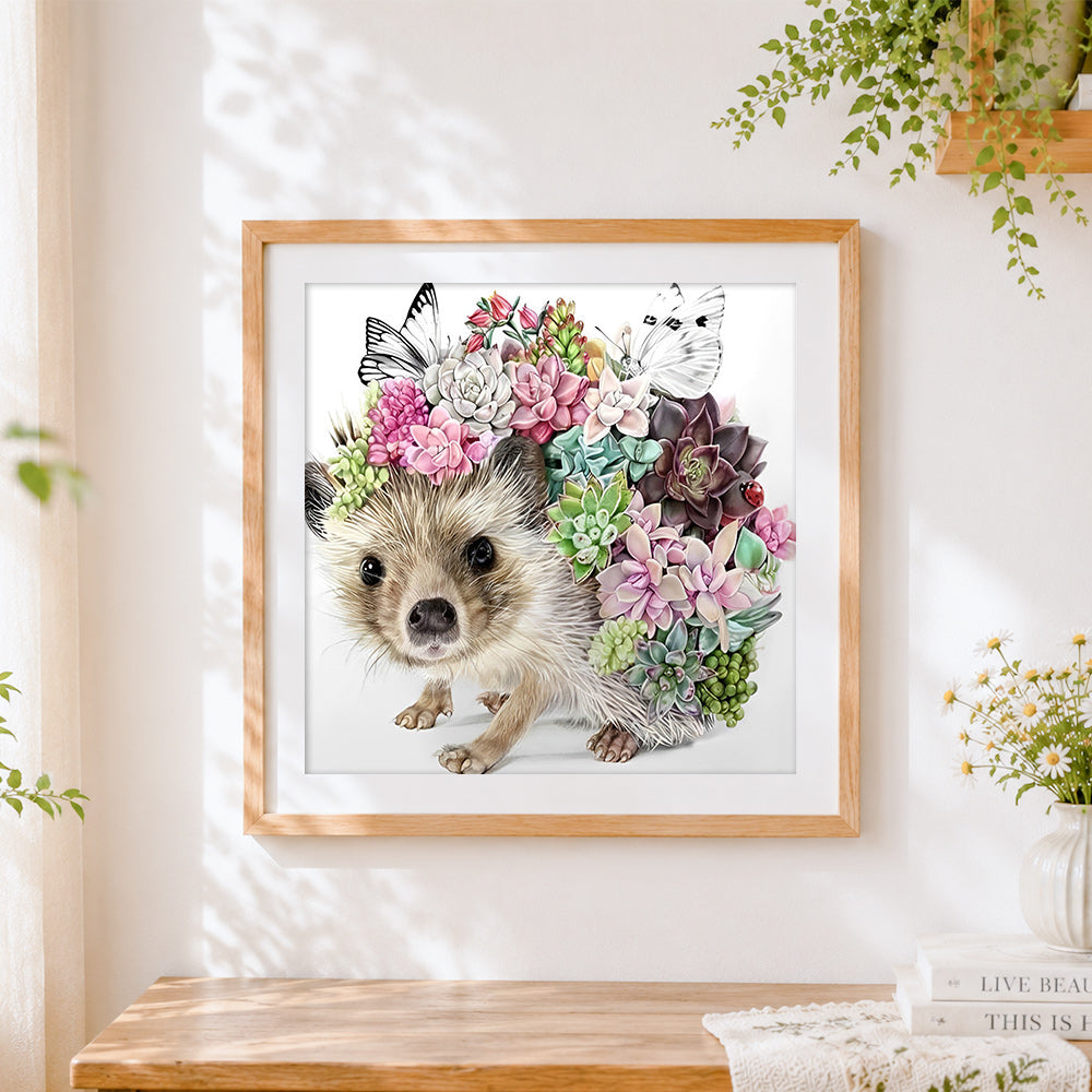 Finished whimsical hedgehog with succulents paint by numbers artwork displayed as home decor