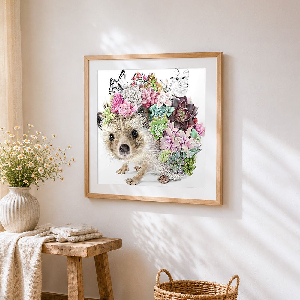 Whimsical hedgehog with succulents paint by numbers artwork displayed on wall as home decor