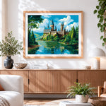 Finished whimsical lakeside castle cross stitch artwork displayed