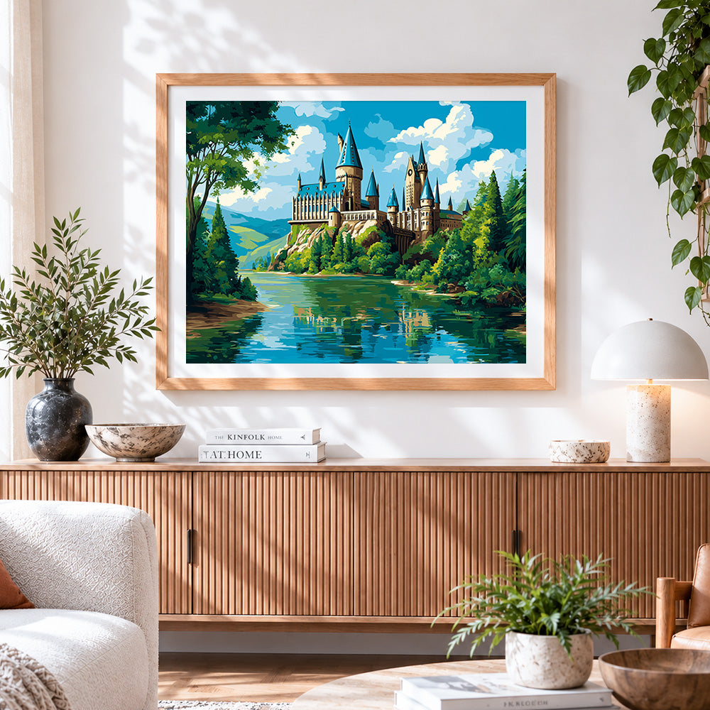 Finished whimsical lakeside castle cross stitch artwork displayed