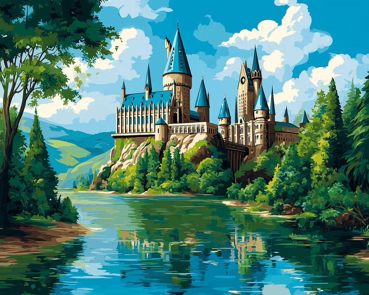 Whimsical lakeside castle cross stitch kit for beginners