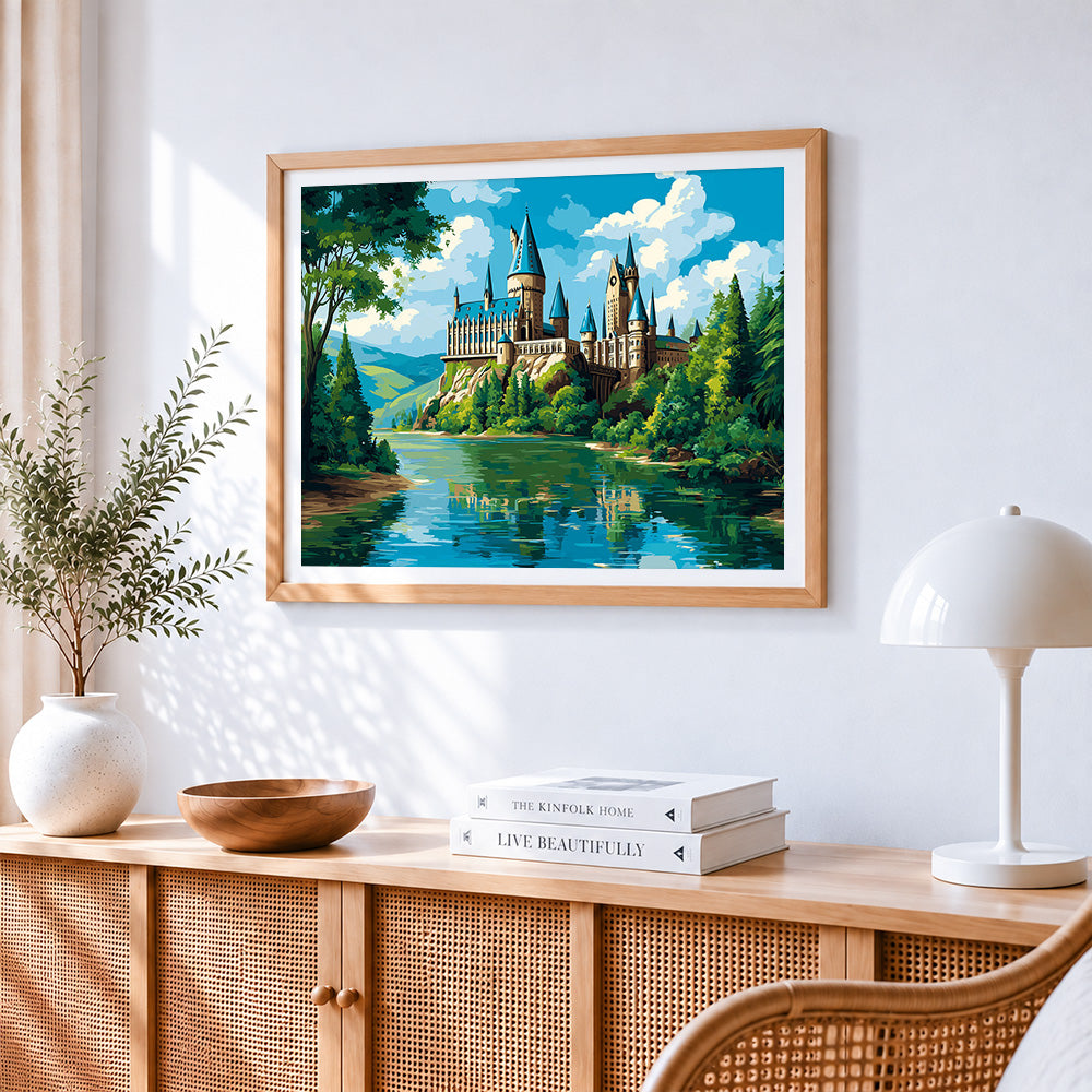 Whimsical lakeside castle paint by numbers artwork displayed on wall as home decor