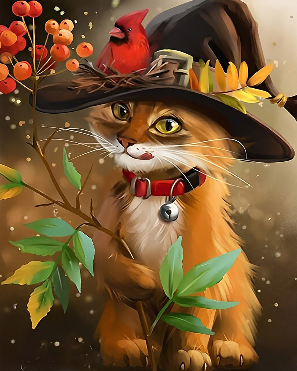 Whimsical orange cat in witch hat cross stitch kit for beginners