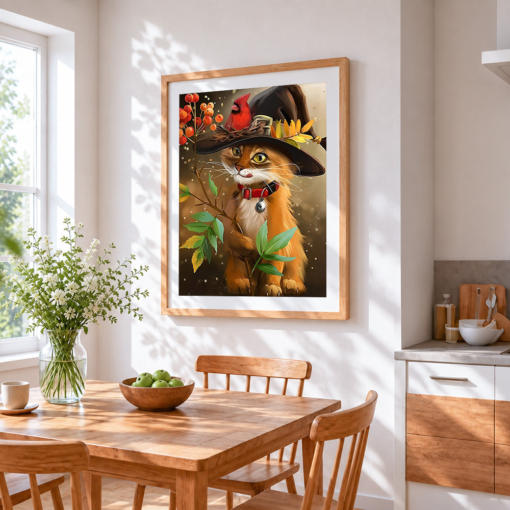 Whimsical orange cat in witch hat cross stitch artwork displayed on wall as home decor