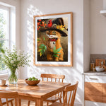 Whimsical orange cat in witch hat cross stitch artwork displayed on wall as home decor
