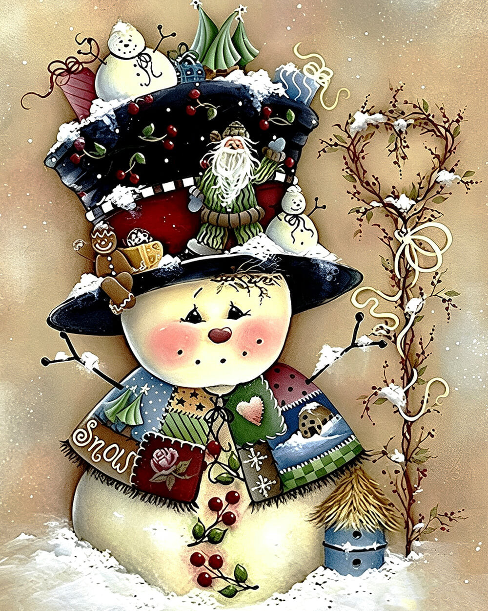 Whimsical patchwork snowman with top hat cross stitch kit for beginners