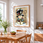 Whimsical patchwork snowman with top hat cross stitch artwork displayed on wall as home decor