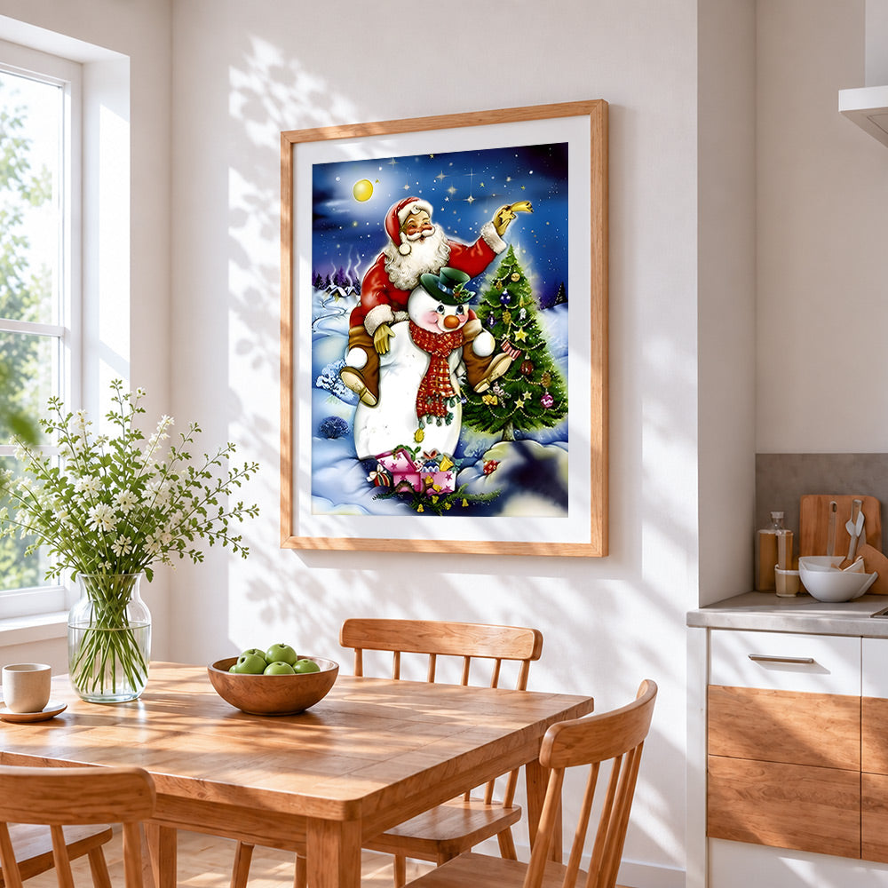 Whimsical santa and snowman cross stitch artwork displayed on wall as home decor