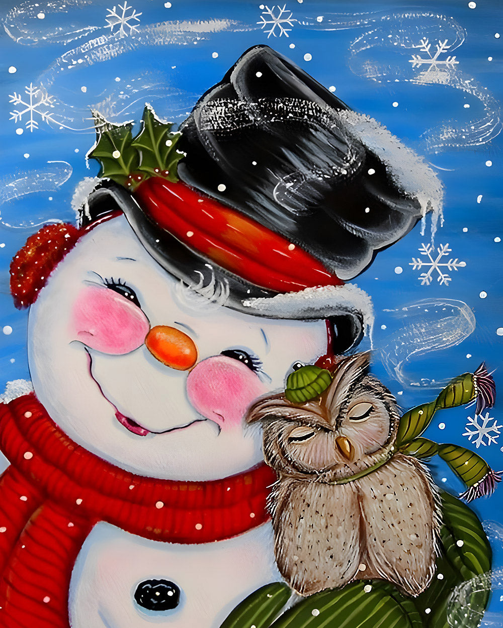 Whimsical snowman and owl in the snow cross stitch kit for beginners