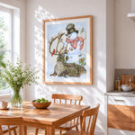Whimsical snowman and reindeer cross stitch artwork displayed on wall as home decor
