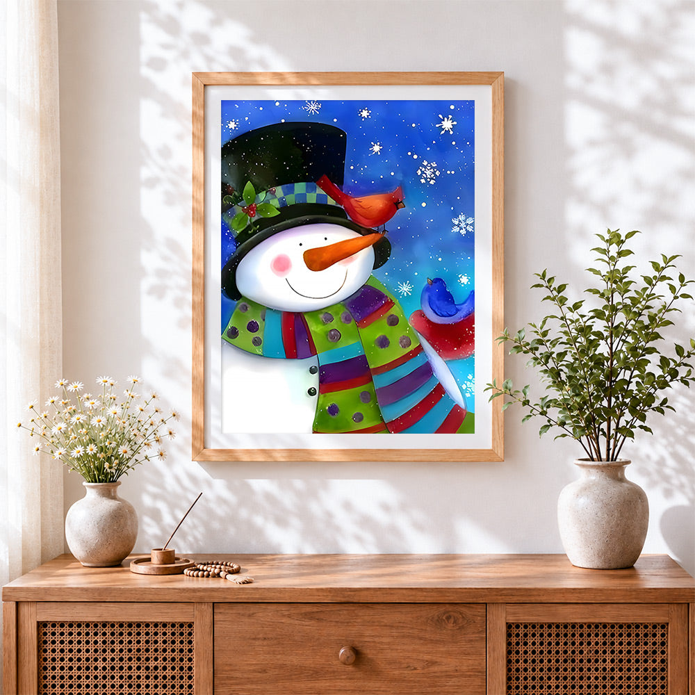 Finished whimsical snowman and winter birds cross stitch artwork displayed
