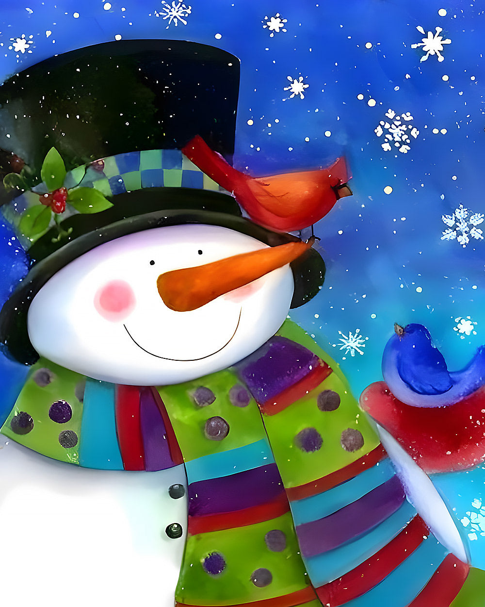 Whimsical snowman and winter birds cross stitch kit for beginners