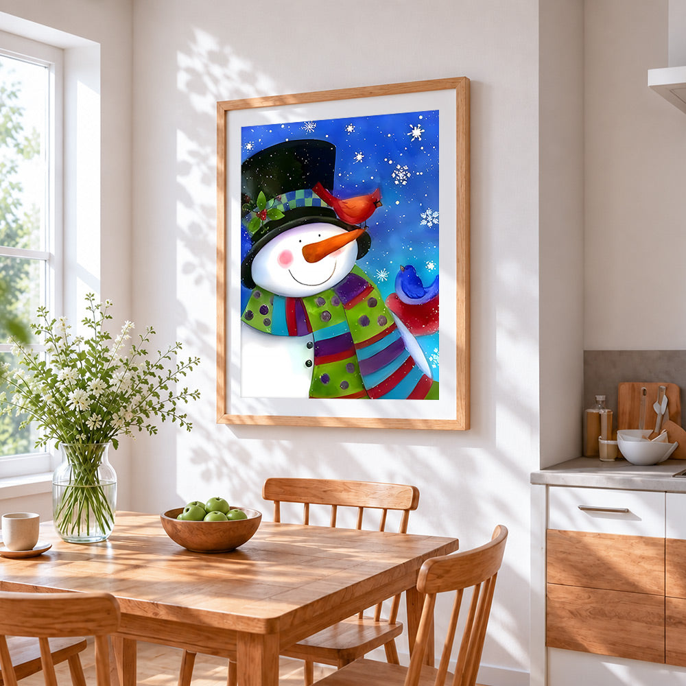 Whimsical snowman and winter birds cross stitch artwork displayed on wall as home decor