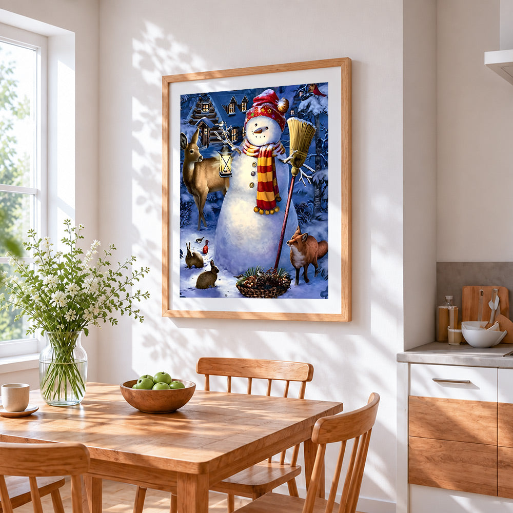 Whimsical snowman and woodland animals cross stitch artwork displayed on wall as home decor