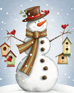 Whimsical snowman with hanging birdhouses cross stitch kit for beginners