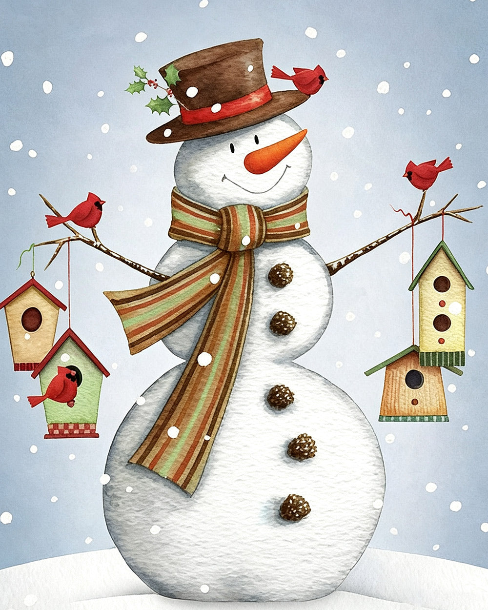 Whimsical snowman with hanging birdhouses cross stitch kit for beginners