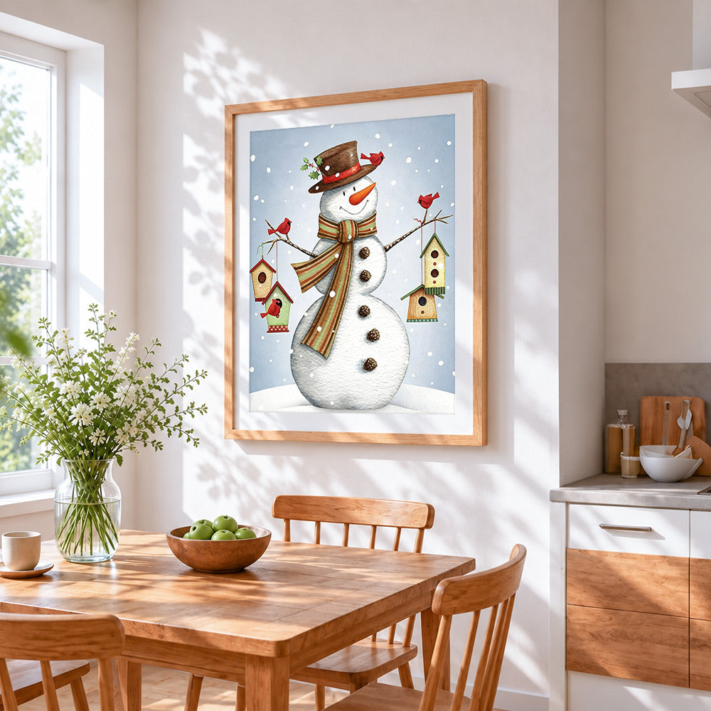 Whimsical snowman with hanging birdhouses cross stitch artwork displayed on wall as home decor