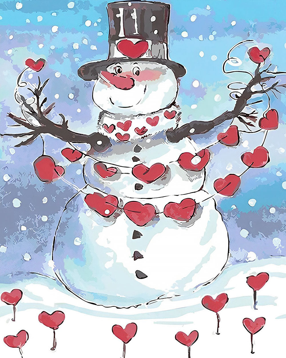 Whimsical snowman with heart decorations cross stitch kit for beginners