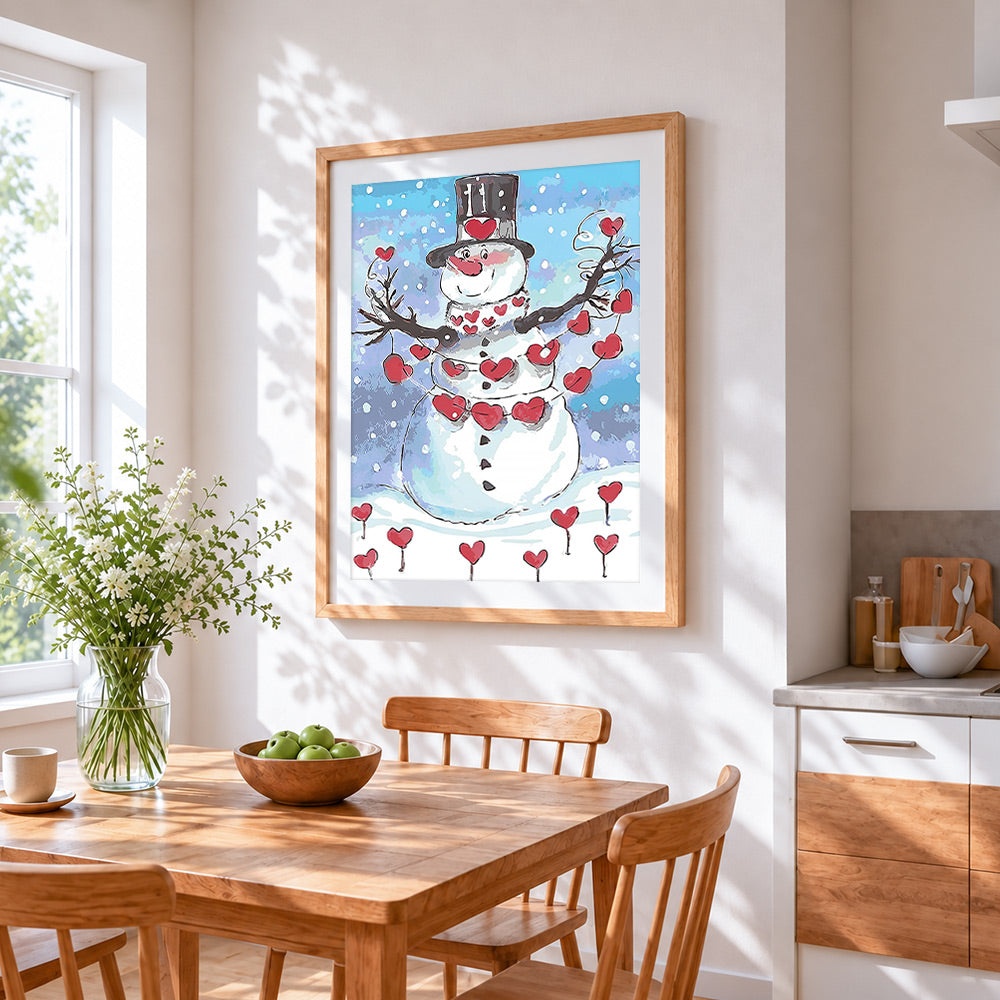 Whimsical snowman with heart decorations cross stitch artwork displayed on wall as home decor