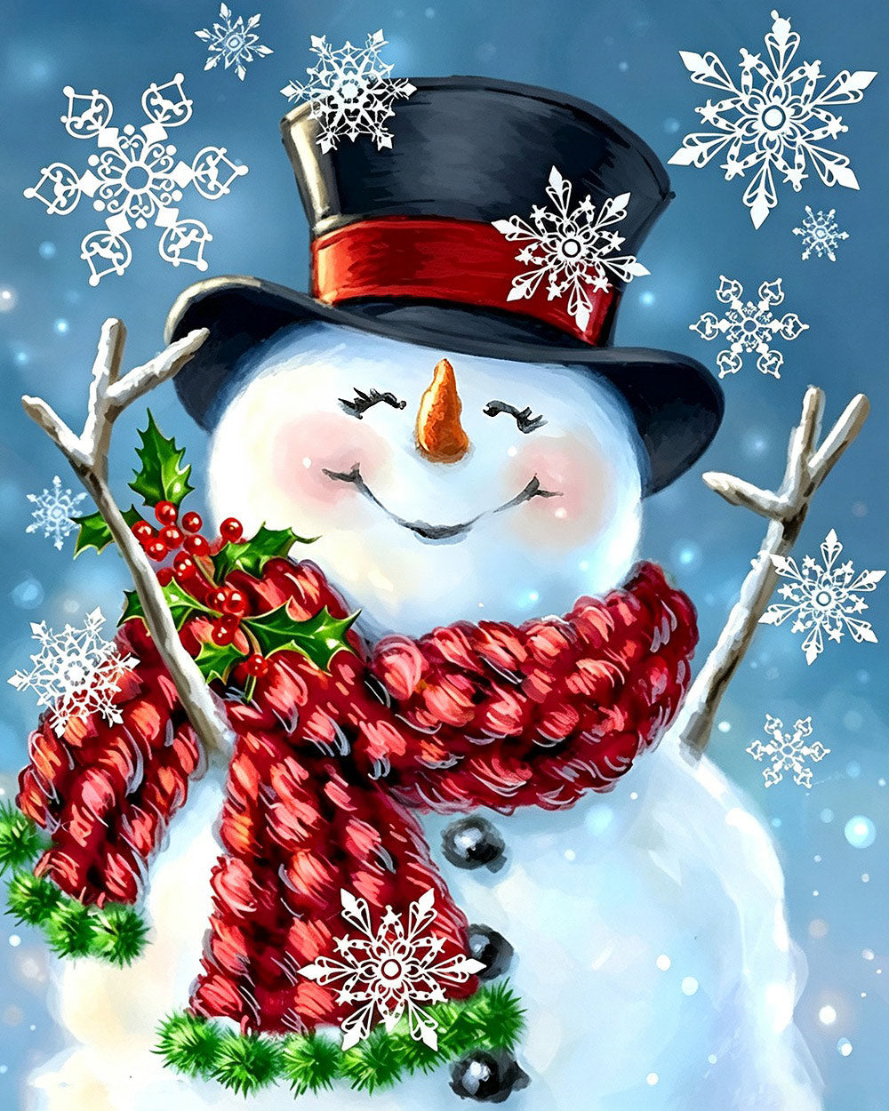 Whimsical snowman with snowflakes cross stitch kit for beginners