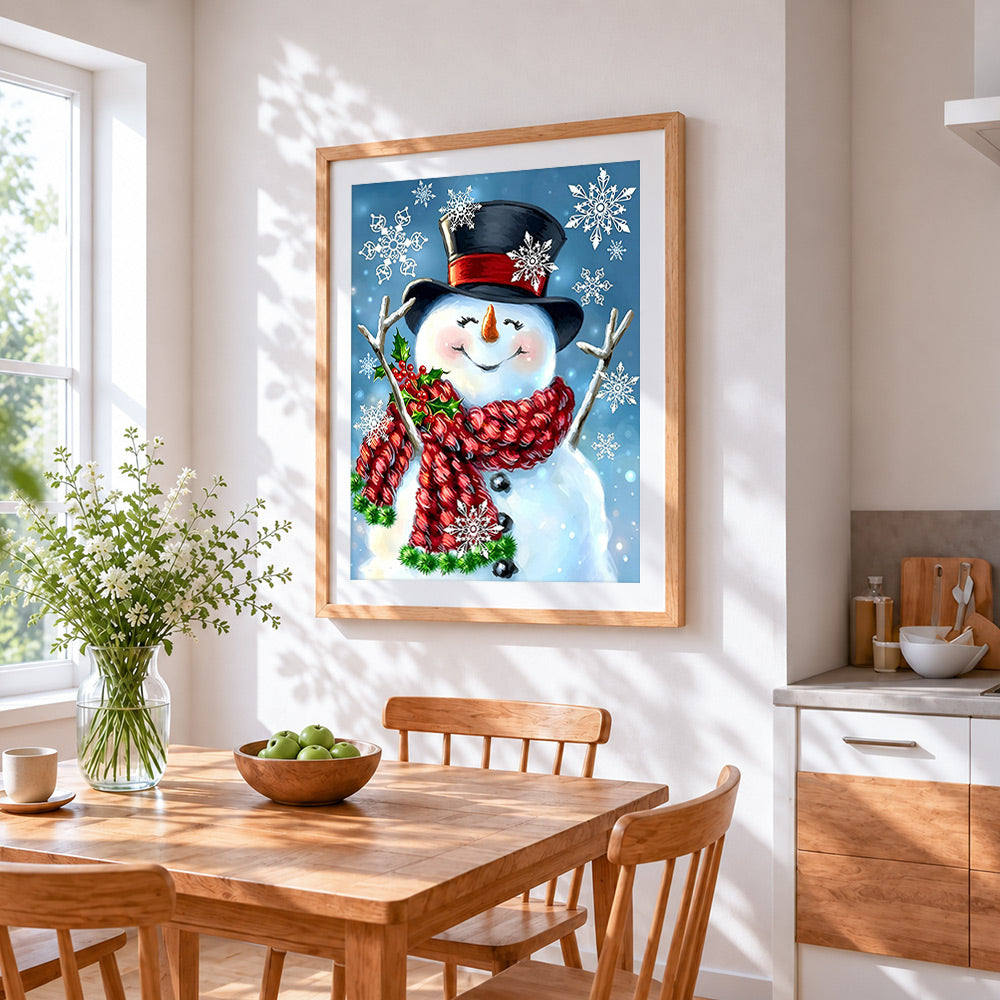 Whimsical snowman with snowflakes cross stitch artwork displayed on wall as home decor