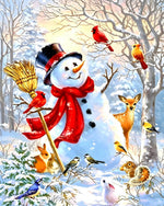 Whimsical snowman with woodland birds cross stitch kit for beginners