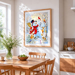 Whimsical snowman with woodland birds cross stitch artwork displayed on wall as home decor