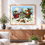 Finished whimsical snowmen decorating tree cross stitch artwork displayed