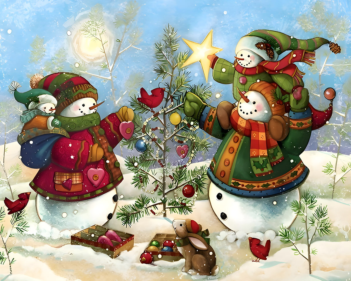 Whimsical snowmen decorating tree cross stitch kit for beginners