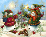 Whimsical snowmen decorating tree cross stitch kit for beginners