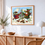 Whimsical snowmen decorating tree cross stitch artwork displayed on wall as home decor