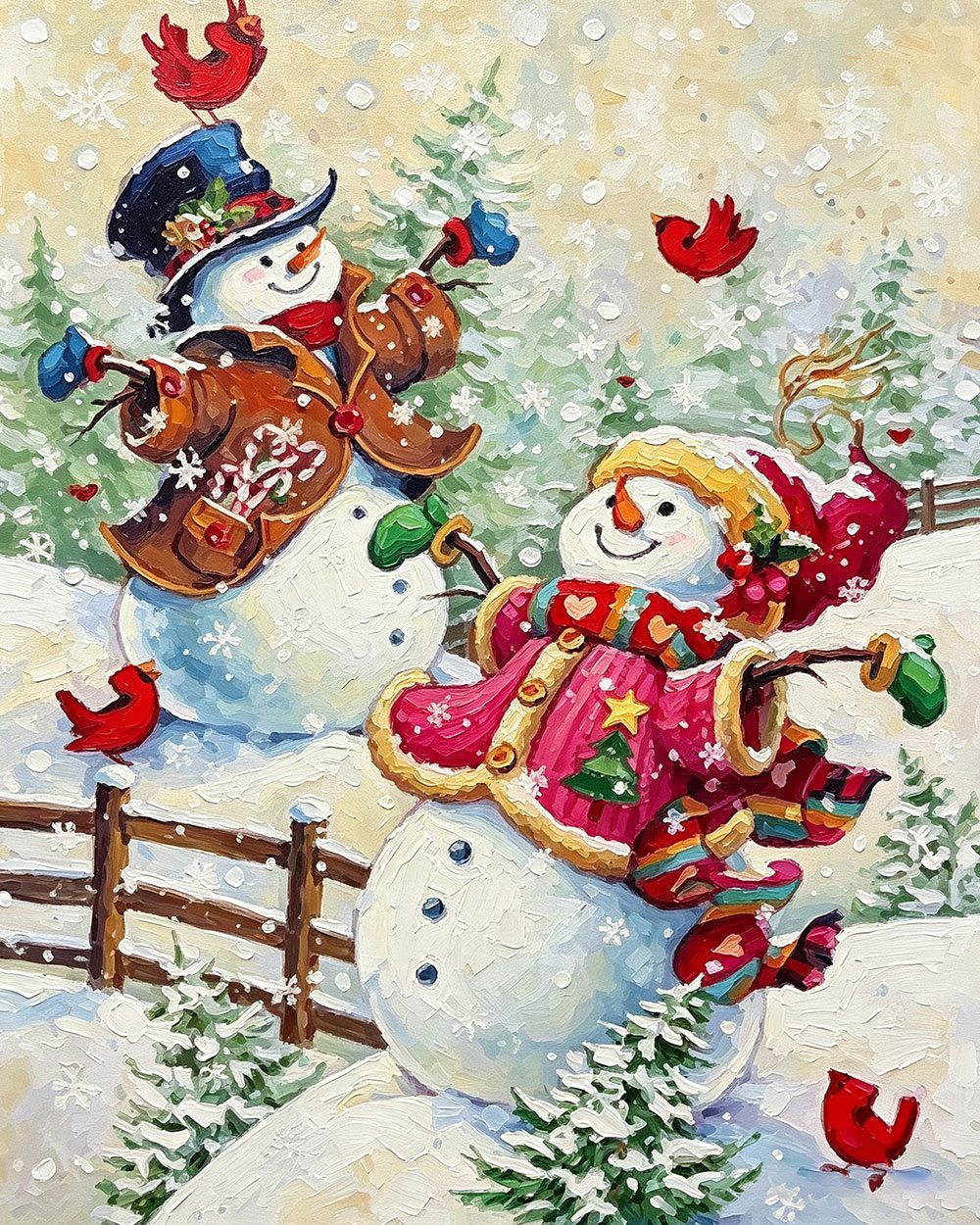 Whimsical snowmen in winter coats cross stitch kit for beginners