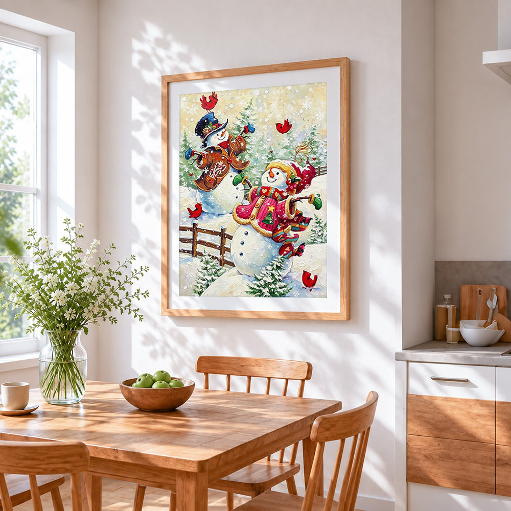 Whimsical snowmen in winter coats cross stitch artwork displayed on wall as home decor