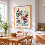 Whimsical snowmen in winter coats cross stitch artwork displayed on wall as home decor