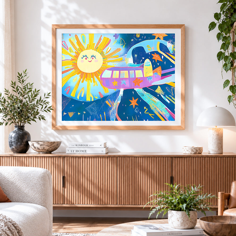 Finished whimsical space bus and smiling sun paint by numbers artwork displayed as home decor