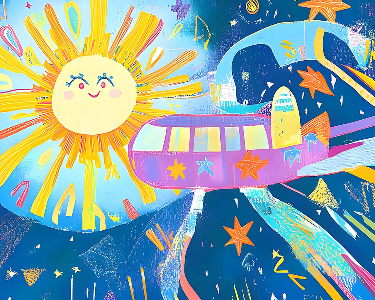 Whimsical space bus and smiling sun paint by numbers kit for beginners