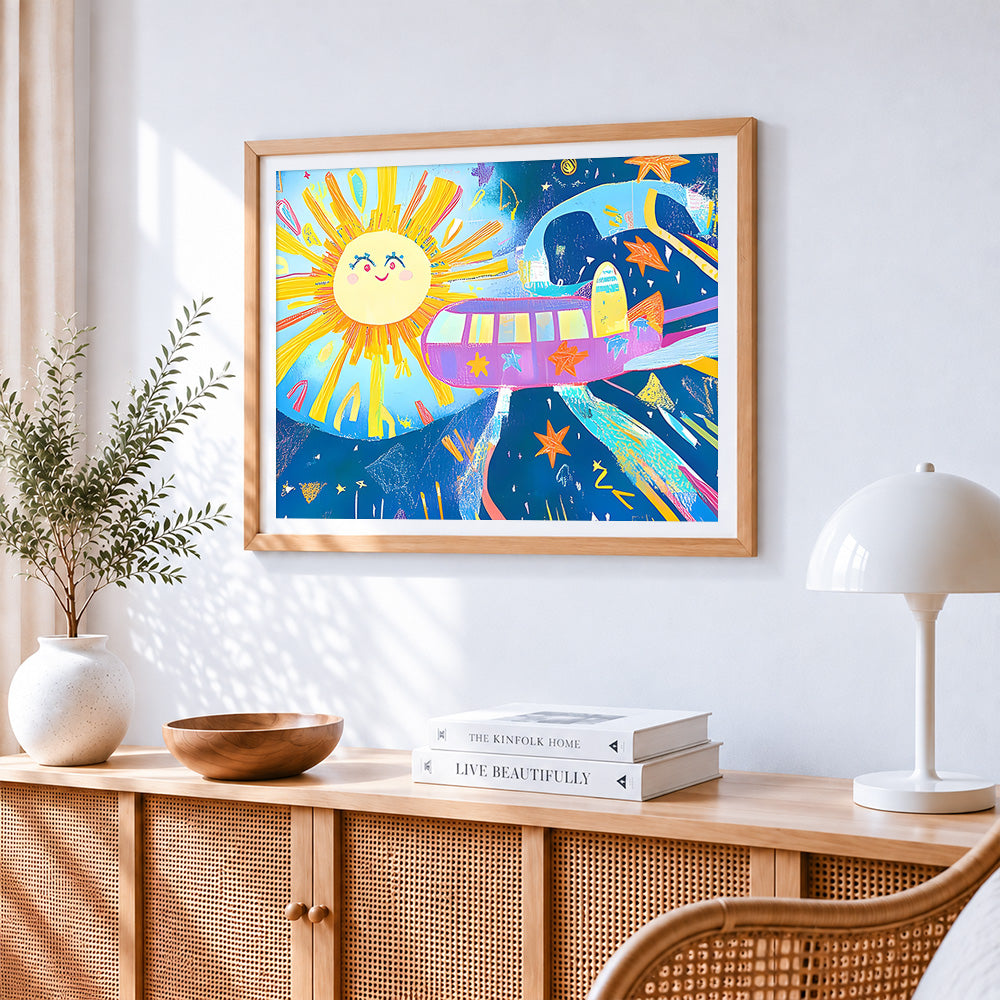 Whimsical space bus and smiling sun paint by numbers artwork displayed on wall as home decor