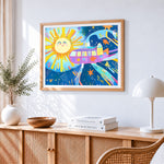 Whimsical space bus and smiling sun paint by numbers artwork displayed on wall as home decor