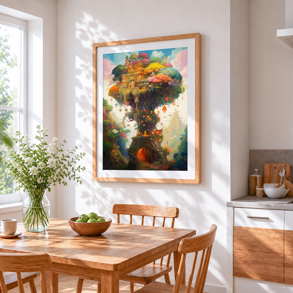 Whimsical treehouse castle cross stitch artwork displayed on wall as home decor