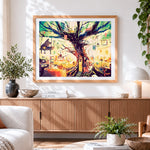 Finished whimsical treehouse interior cross stitch artwork displayed