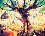 Whimsical treehouse interior cross stitch kit for beginners